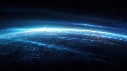 Celestial Blue Horizon - A Luminous Arc of Light Streaking Across the Vastness of Deep Space.