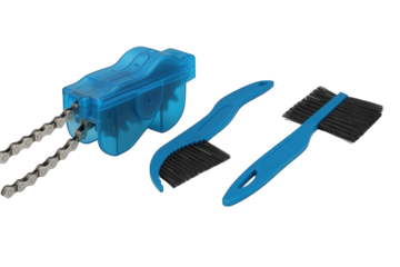 Photo of blue bicycle chain cleaning tool kit with brushes, isolated on transparent background