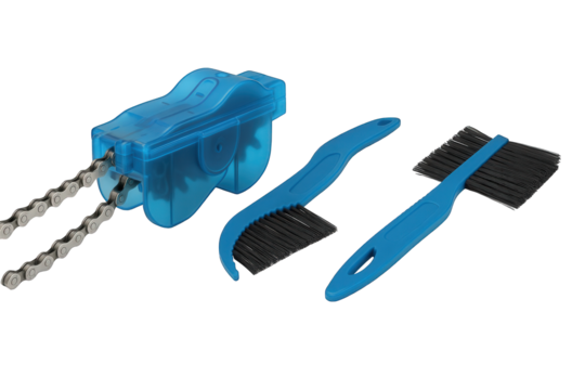 Photo of blue bicycle chain cleaning tool kit with brushes, isolated on transparent background