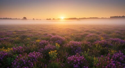 Golden light of dawn illuminates a vast misty field of vibrant purple and yellow heather, creating a serene and picturesque natural landscape scene