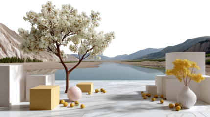 Serene Abstract Landscape: A visually stunning composition that merges elements of nature and geometric forms, featuring a serene landscape with a tree with blossom flowers.