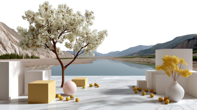 Serene Abstract Landscape: A visually stunning composition that merges elements of nature and geometric forms, featuring a serene landscape with a tree with blossom flowers. - Powered by Adobe