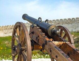 Antique cannon on wooden carriage, against a backdrop of ancient wall