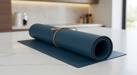 A rolled up dark blue yoga mat tied with twine, resting on a kitchen counter for commercial usage and mockups
