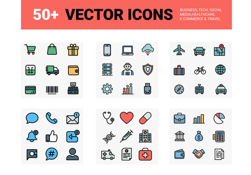 50+ Business, Technology & Social Media Vector Icons Set