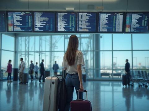 Young woman at an international airport looking at a flight information board while holding a suitcase in her hands - Powered by Adobe