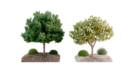 Two Green Trees Scene: A pair of lush, green trees stand side-by-side on a simple terrain, each showcasing unique foliage.