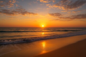 Golden sunset over ocean waves and sandy tropical beach