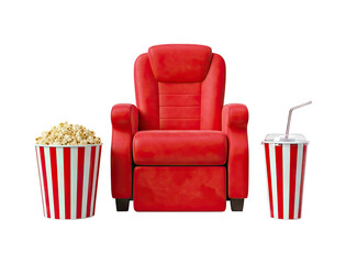 A red cinema seat next to popcorn bucket and drink isolated on a transparent background png