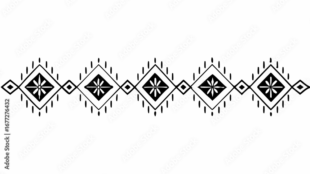 Poster decorative border with repeating diamond shapes and floral motifs in black and white design style cr