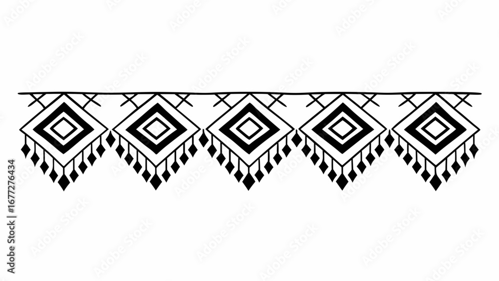 Aufkleber decorative border featuring repeating diamond shapes and dangling tassels in a monochrome black and 