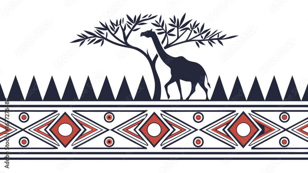 Poster silhouette of a giraffe under a tree with african inspired geometric border art design created with 