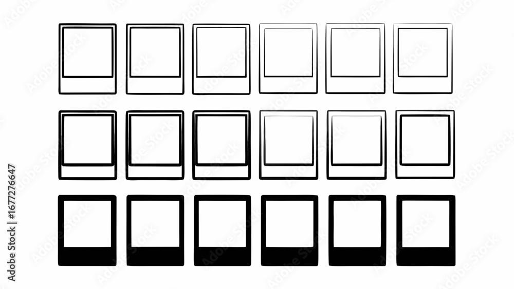 Poster illustration of eighteen square frames with varying border thicknesses and fill densities in three r