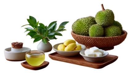 Tropical Durian Delights: This photorealistic still life showcases the King of Fruits, durian, and its inviting side, with peeled flesh, refreshing green tea, and other tasteful accents.