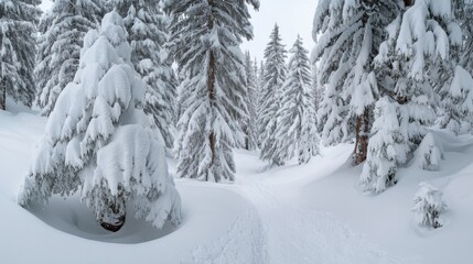 Fototapeta premium Winter wonderland scene snowy forest nature photography serene environment wide angle tranquility and beauty