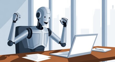 Robot working on laptop, celebrating success in office environment.