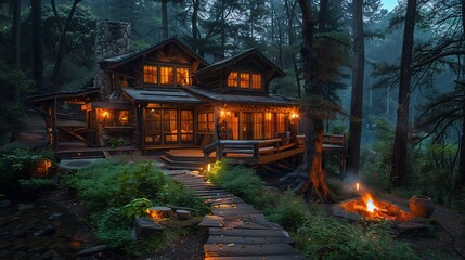 Enchanting cabin in a dark forest with a warm campfire burning nearby