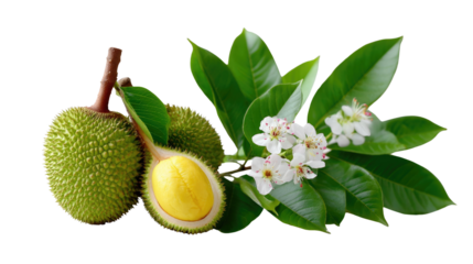 Exotic Jackfruit Delight: A vibrant jackfruit composition, displaying the fruit's prickly exterior and golden flesh. The image also features sprigs of its leaves and delicate white blossoms.