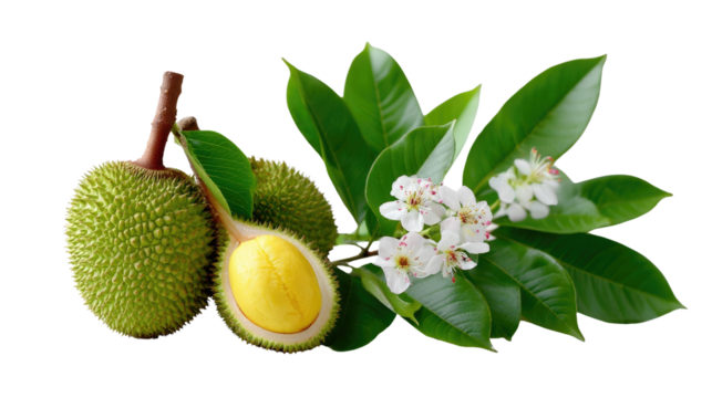 Exotic Jackfruit Delight: A vibrant jackfruit composition, displaying the fruit's prickly exterior and golden flesh. The image also features sprigs of its leaves and delicate white blossoms.