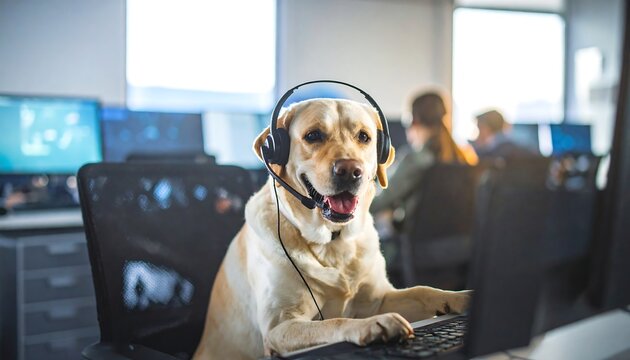Dog in headset working at computer
