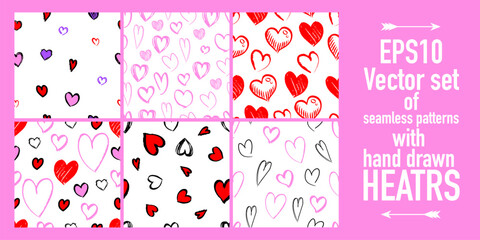Set of seamless pattern of hand drawn hearts. collection scribble markers heart symbol isolated on white background. Vector illustration for print, scrap booking, graphic design, web and other.