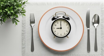 Alarm clock on dinner plate with fork and knife suggests mealtime or dieting