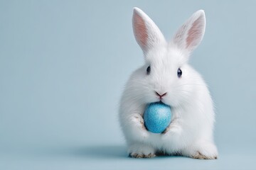 Obraz premium Fluffy white bunny holds a blue egg