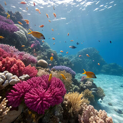 Naklejka premium Colorful coral reef underwater, bursting with vibrant marine life.
