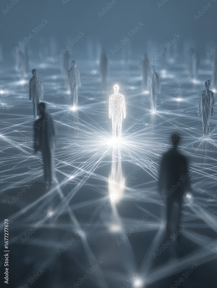 Poster conceptual image of a network with a central figure representing leadership and teamwork