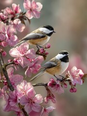 Obraz premium chickadees in spring a delicate duet among blossoms fine art illustration