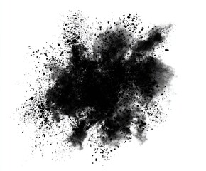 Dark, black powder explosion against a white background