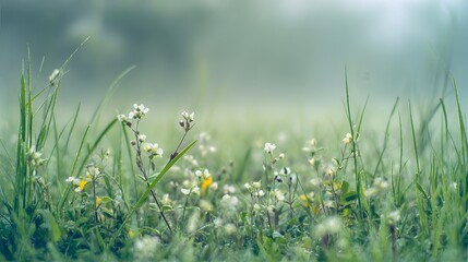 Lush green spring grass field with delicate wildflowers under soft morning sunlight.