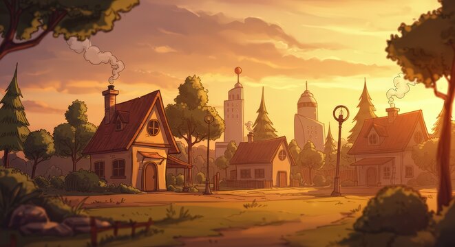 Cartoon village street sunset scene