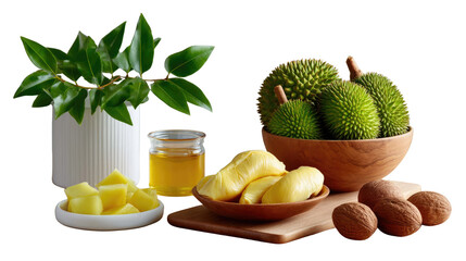 Durian Delight: A curated collection featuring durian fruit, its extracted flesh, and accompanying organic ingredients, showcasing the essence of this unique, tropical fruit.