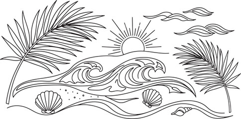 Artistic line drawing of a coastal paradise, featuring dynamic ocean waves, a radiant sun, seashells, and elegant palm fronds