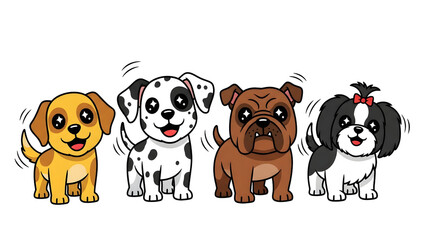 Obraz premium Cartoon Dog Breeds Illustration Cute Puppies Isolated on Black