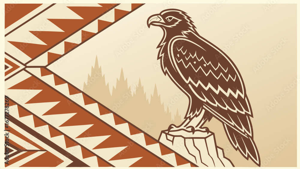 Poster Illustration of an eagle perched on a rock with a geometric pattern and forest background art work created with generated ai