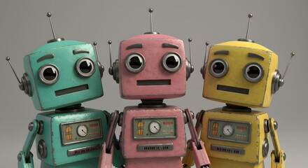 Retro Robots: Colorful Trio Against Grey Background