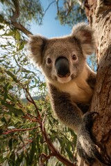 Obraz premium Close-up of a koala looking directly at the camera, perched in a eucalyptus tree