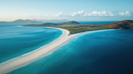 Aerial View of a Pristine, White Sand Beach Peninsula, Turquoise Waters, and Lush Islands