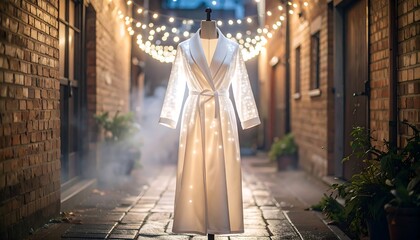 Glowing Robe Displayed in an Atmospheric Urban Alleyway at Night
