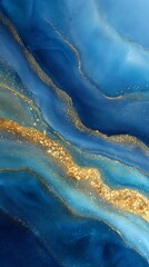 Abstract Blue and Gold Ink Swirls Modern Art Background Wallpaper Design