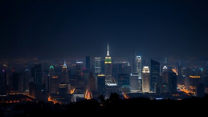 A breathtaking urban skyline illuminated by city lights under a gradient night sky.