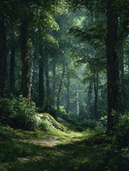 lush green forest scenery with dense trees and soft ambient light