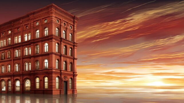 Elegant red brick building at sunset urban landscape architectural illustration serene environment side view visual concept - Powered by Adobe
