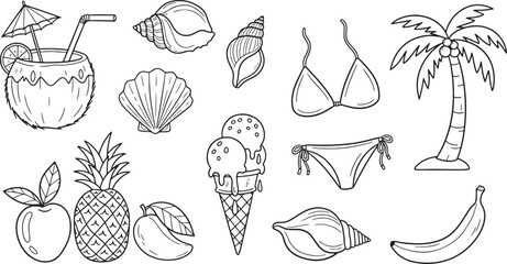 Summer essentials A collection of beach-themed illustrations including food, drinks, and tropical elements