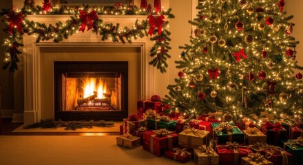 Cozy Christmas Eve Fireplace and Tree With Many Gifts