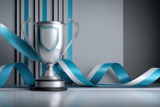 Shiny trophy with turquoise and white ribbons displayed in a modern setting, symbolizing victory and achievement