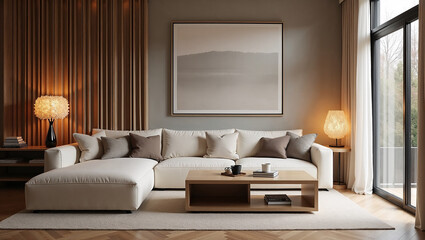 Fototapeta premium Elegant modern living room interior with soft beige sofa, decorative pillows, wooden coffee table, warm lamps, and panoramic window with curtains. AI generated, no real people.