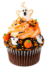 Fototapeta premium Cupcake on Halloween. Pumpkin Jack o lantern and ghost. Dessert on Halloween party. Muffin decorated with colored sprinkles, candy, frosting and Icing. Chocolate cupcake or cake. 100% White background